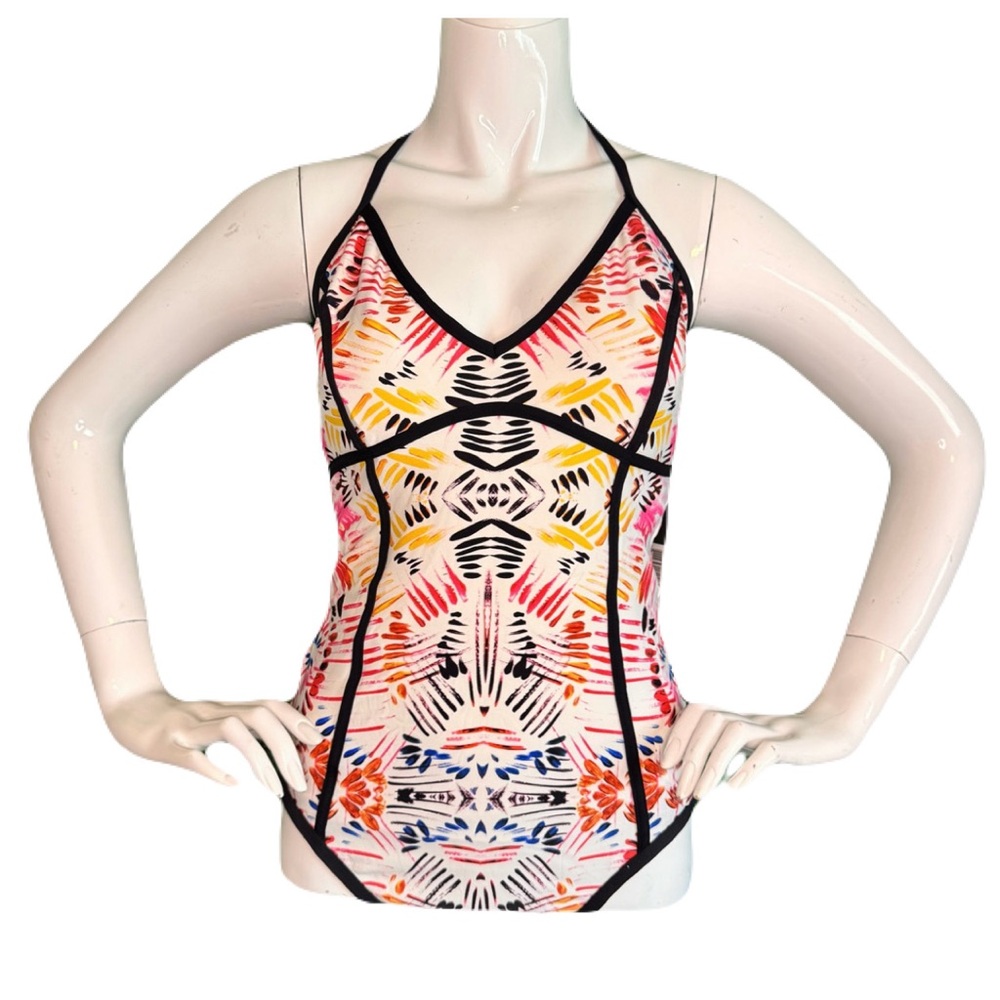 Ivanka Trump Size 12 Piped Brushstroke Blk Ivory Cayenne One Piece Swimsuit NWT